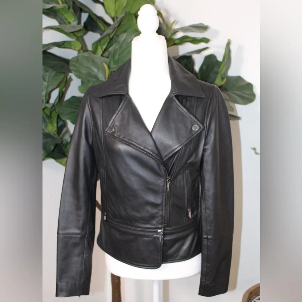 Ted Baker Black Yaswin 100% Ovine Leather Biker Jacket - Picture 1 of 17